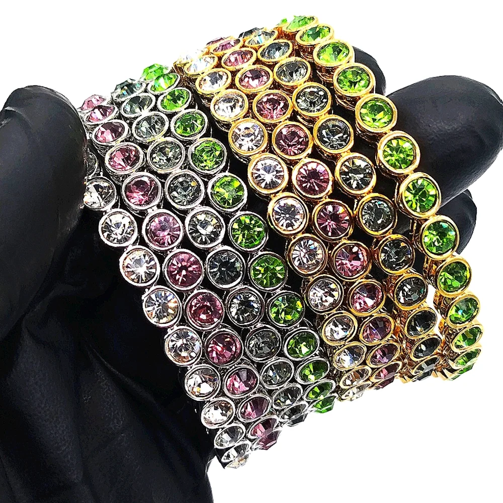 Lot of 4 Made with Swarovski Crystals Brass Stackable Bangle Bracelets in Gold - Picture 3 of 8